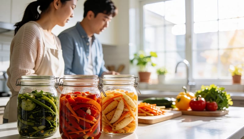 밀폐 유리 용기에 담긴 장아찌 클로즈업 사진