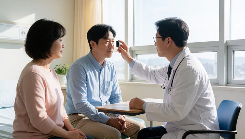병원에서 의사에게 눈 상태를 진찰받는 환자 모습