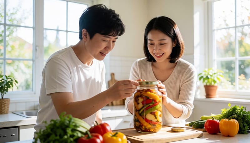 가정 주방에서 밀폐 유리 용기에 담긴 장아찌를 살펴보는 모습