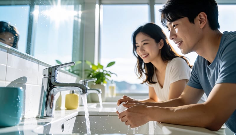 수도꼭지에서 물이 흘러나오는 모습을 가까이서 찍은 장면