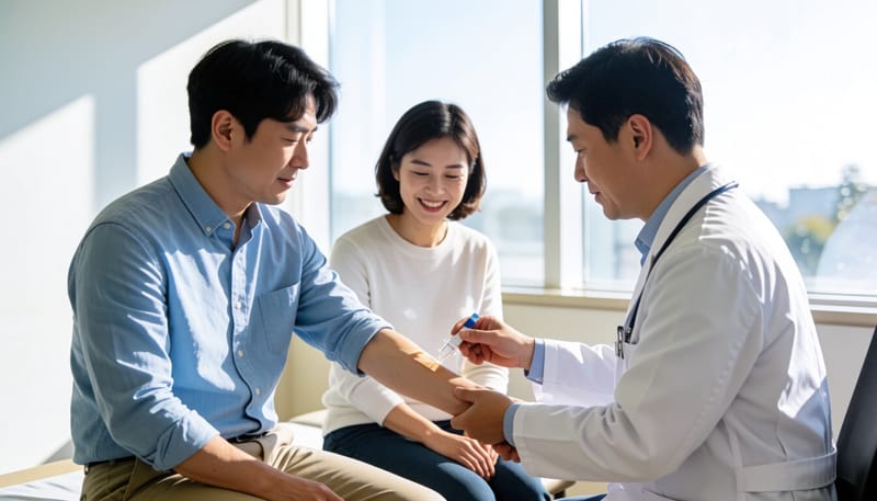 병원에서 알레르기 피부단자시험을 받는 환자의 모습