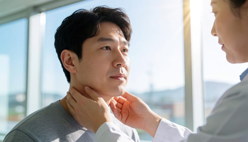 병원에서 목 림프절 부위를 진찰받는 남성 환자