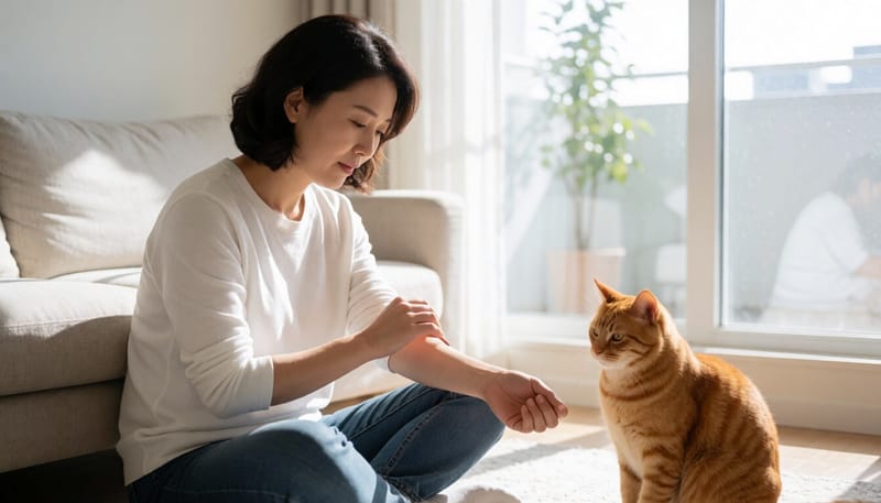 거실에서 고양이에게 긁힌 팔을 살펴보는 여성과 옆에 앉은 고양이