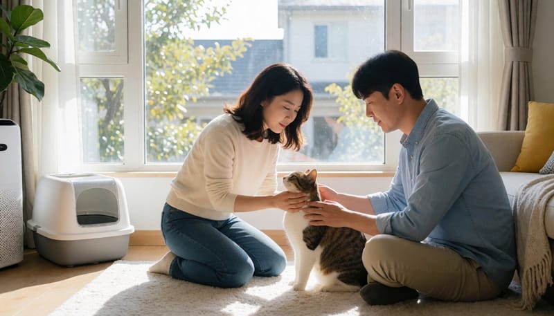 실내에서 고양이와 함께 있는 보호자의 모습