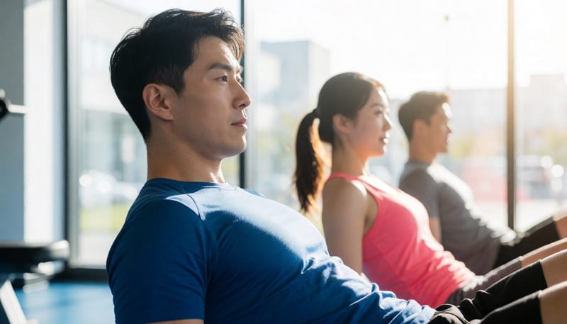 힙쓰러스트 동작 정점에서 몸통과 허벅지가 일직선을 이룬 자세