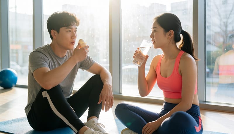운동 후 매트에 앉아 삶은 달걀을 먹는 여성