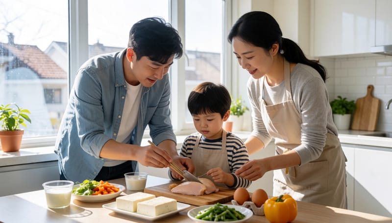 두부와 닭가슴살 등 단백질 식품이 놓인 식탁