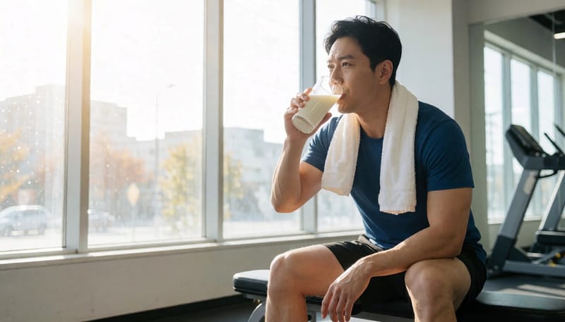 운동을 마친 뒤 벤치에 앉아 우유를 마시는 남성