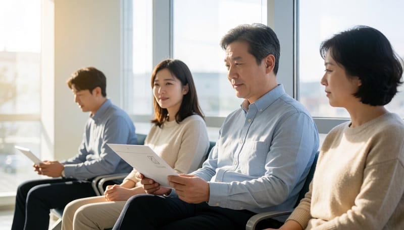 보건소 대기실에서 서류를 들고 앉아 있는 남성