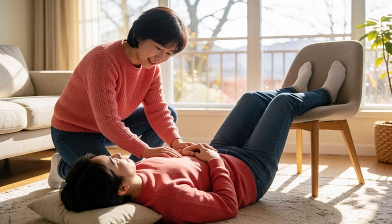 바닥에 누워 다리를 의자 위에 올리고 있는 사람과 곁을 지키는 가족