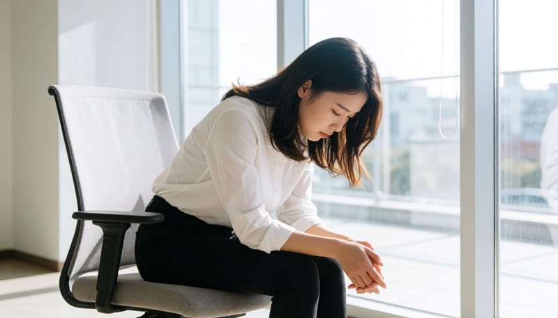 어지러움을 느끼며 머리를 숙이고 앉아있는 여성의 모습
