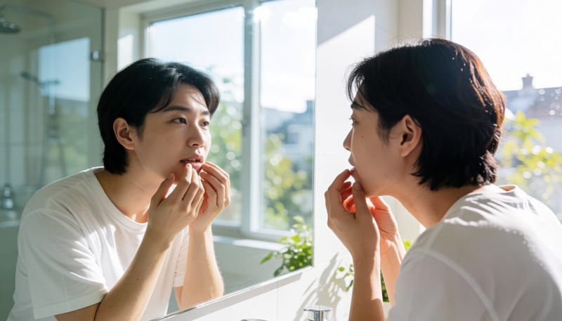 렌즈를 빼는 모습을 비추는 욕실 거울 장면