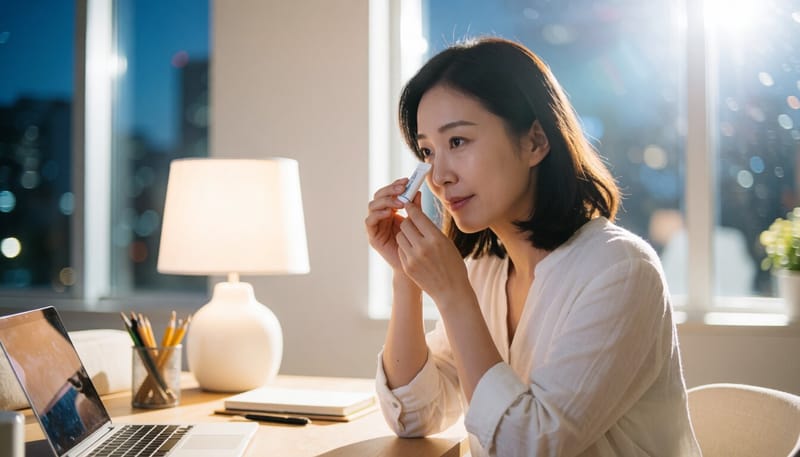 밤에 안구건조증 연고를 바르는 여성의 모습