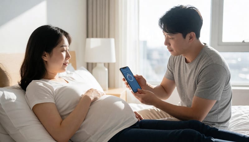 임신부가 침대에 누워 휴대폰으로 수축 간격을 측정하는 모습