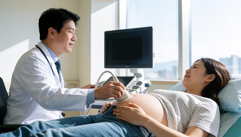 산부인과에서 초음파 검사를 받는 임신부의 모습