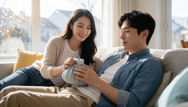 집에서 얼음찜질을 하며 안정을 취하는 남성의 모습