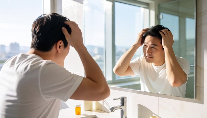 거울 앞에서 두피 상태를 살펴보는 남성