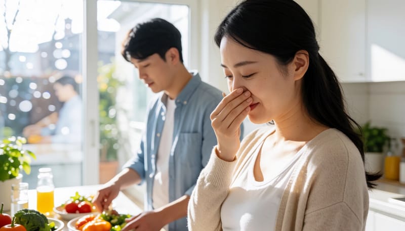 음식 냄새에 민감하게 반응하는 임신부의 모습