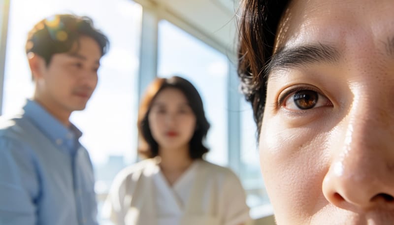 충혈되고 눈곱이 낀 눈을 클로즈업한 모습