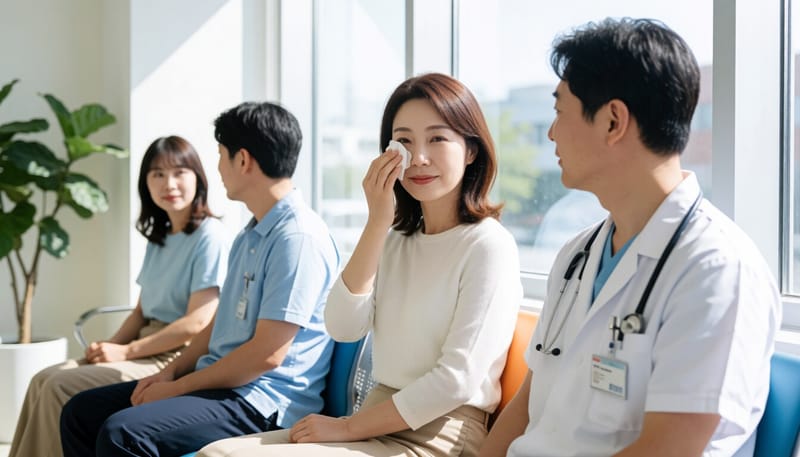 눈이 충혈된 여성이 휴지로 눈가를 닦고 있는 모습