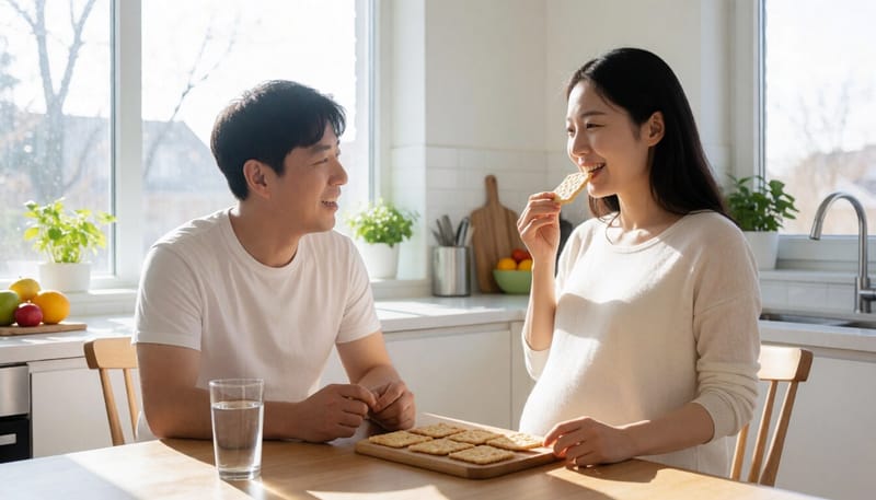 아침에 크래커를 조금씩 먹고 있는 임신부