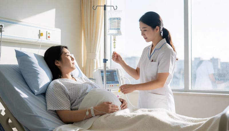 수액 치료를 받으며 침대에 누워 있는 임신부와 확인하는 간호사