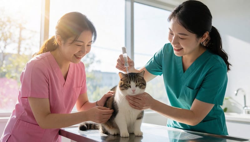 고양이 귀에 세정액을 사용해 관리하는 모습