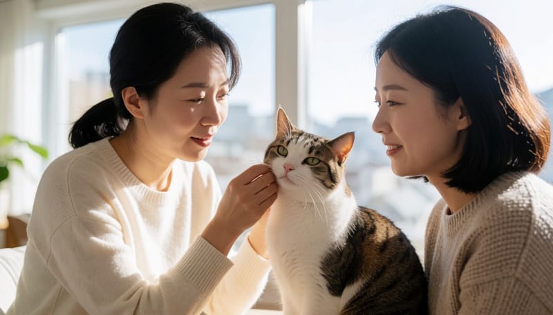 반려묘의 귀 안쪽을 살펴보는 보호자의 모습