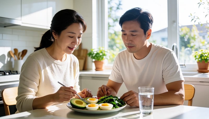저탄고지 식단 재료가 놓인 식탁에 앉아 있는 여성