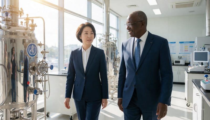 백신 바이오의약품 생산 교육장을 함께 둘러보는 보건 당국자들