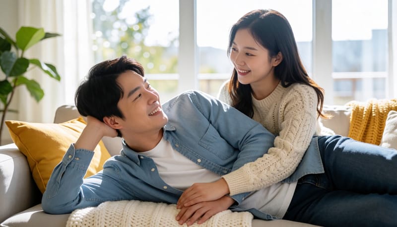소파에서 온찜질팩을 등에 올리고 있는 남성