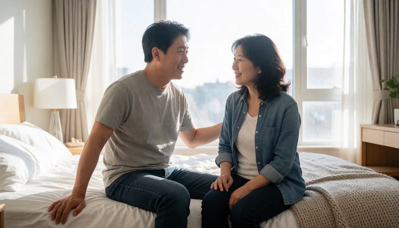침대에 앉아 등을 손으로 짚으며 통증을 느끼는 남성