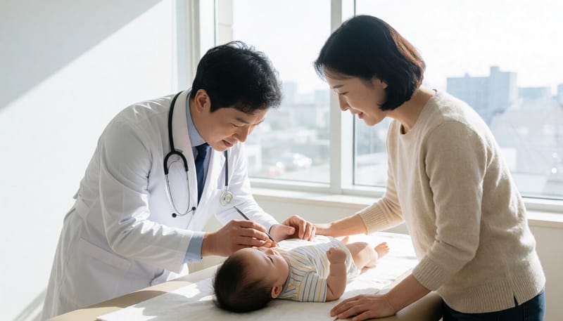 소아청소년과에서 의사가 아기를 진찰하는 모습