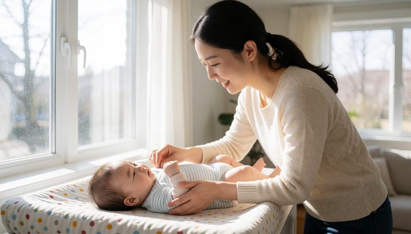 엄마가 아기 기저귀를 갈아주며 위생을 관리하는 모습