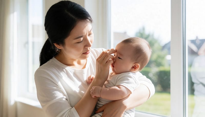 엄마가 열이 나는 아기를 걱정스러운 표정으로 안고 있는 모습