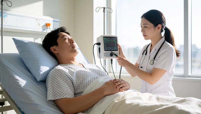 명치와 등까지 뻗치는 통증으로 병원 침대에 누운 환자