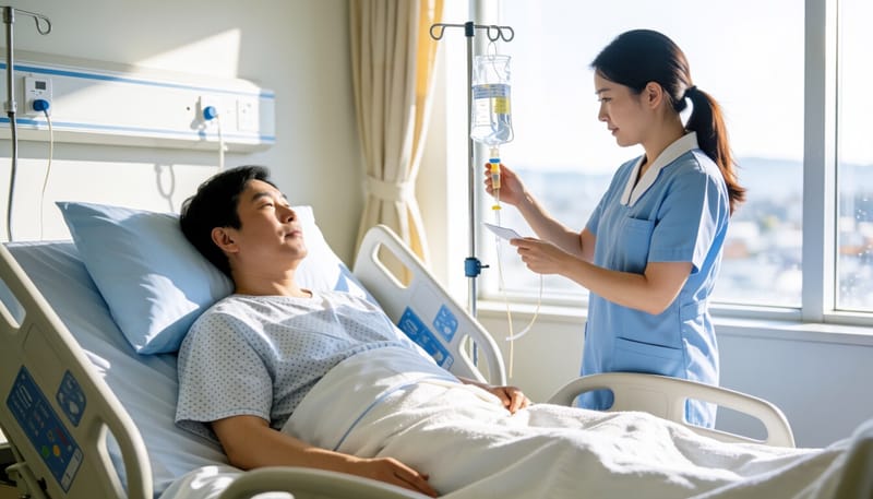수술 후 병실에서 회복 중인 환자와 간호사의 모습