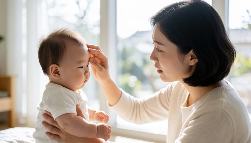 집에서 열이 나는 아기를 걱정스럽게 살피는 엄마