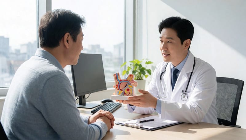 이비인후과 진료실에서 귀 모형을 보며 설명을 듣는 환자