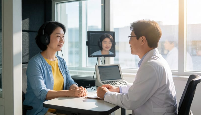 방음 부스에서 청력검사를 받는 여성의 모습