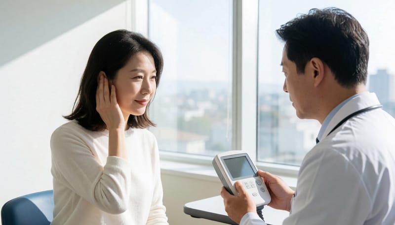 이비인후과에서 청력 검사를 앞두고 한쪽 귀를 만지는 여성
