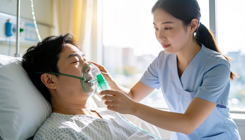 산소마스크를 쓰고 치료받는 환자와 간호사의 모습