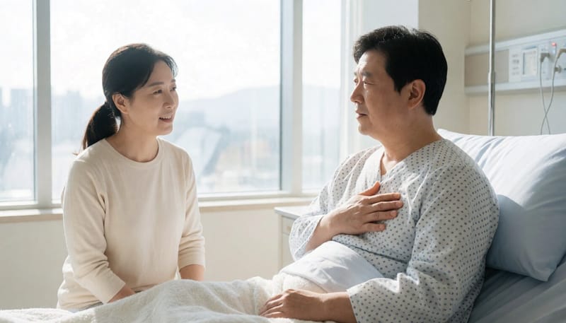 병실 침대에 앉아 가슴을 짚고 숨을 힘겹게 쉬는 환자의 모습