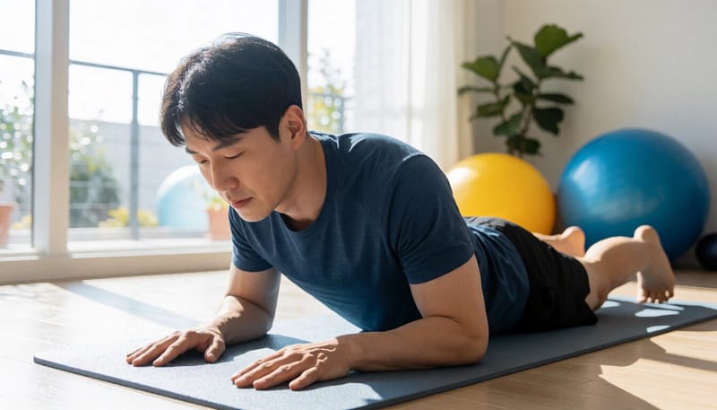 엎드려 팔꿈치로 상체를 받치고 허리를 펴는 스트레칭 동작