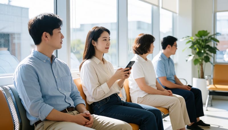 진료를 기다리며 담담한 표정으로 앉아 있는 여성의 모습