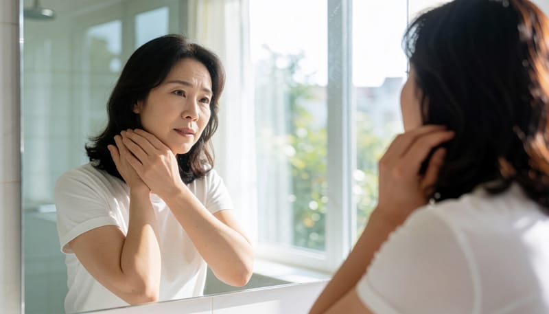 한 여성이 거울 앞에서 머리카락을 살피며 걱정스러운 표정을 짓고 있는 모습