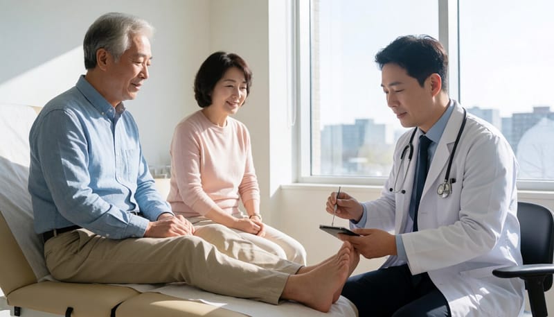 의료진이 환자의 발 감각을 검사하는 모습