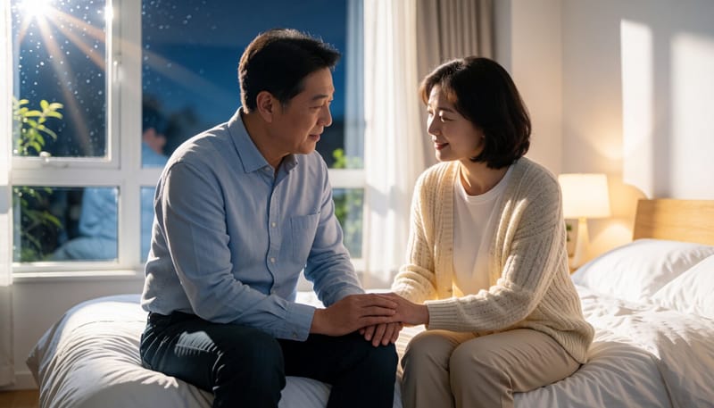 한 중년 남성이 밤에 침대에 앉아 맨발을 살펴보고 있다