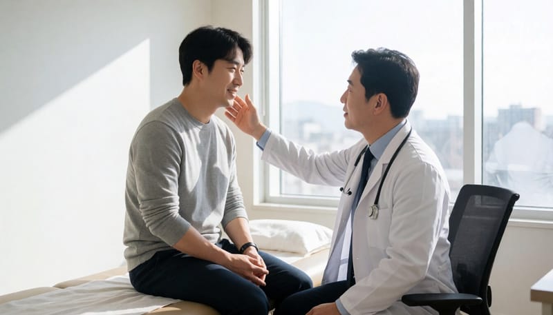 진료실에서 목과 턱의 뻣뻣함을 확인하는 모습