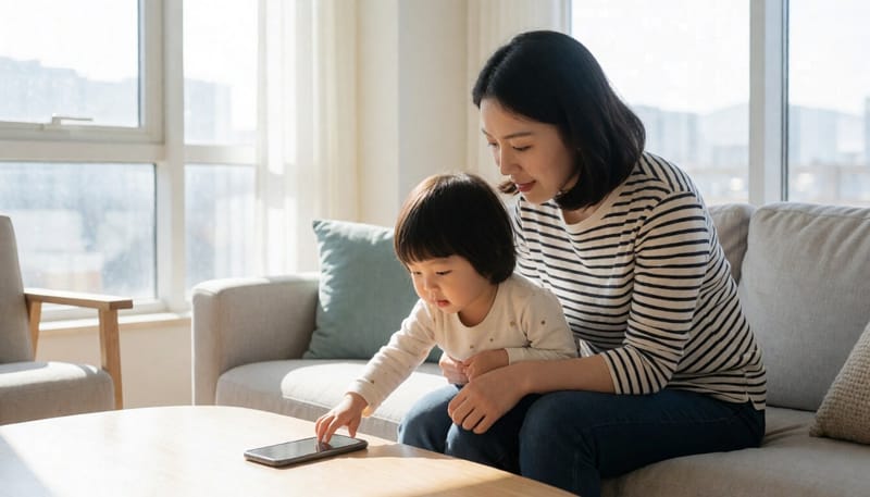 거실에서 아이가 스마트폰에 손을 뻗는 모습